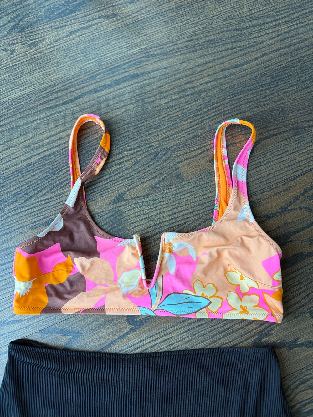 aerie Floral Orange Pink V-Neck Bikini Top with Black High-Waist Bottom size Med - Picture 3 of 10